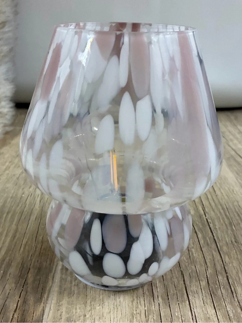 Pink & White Speckled Glass Mushroom Table Lamp Battery Operated Accent Light